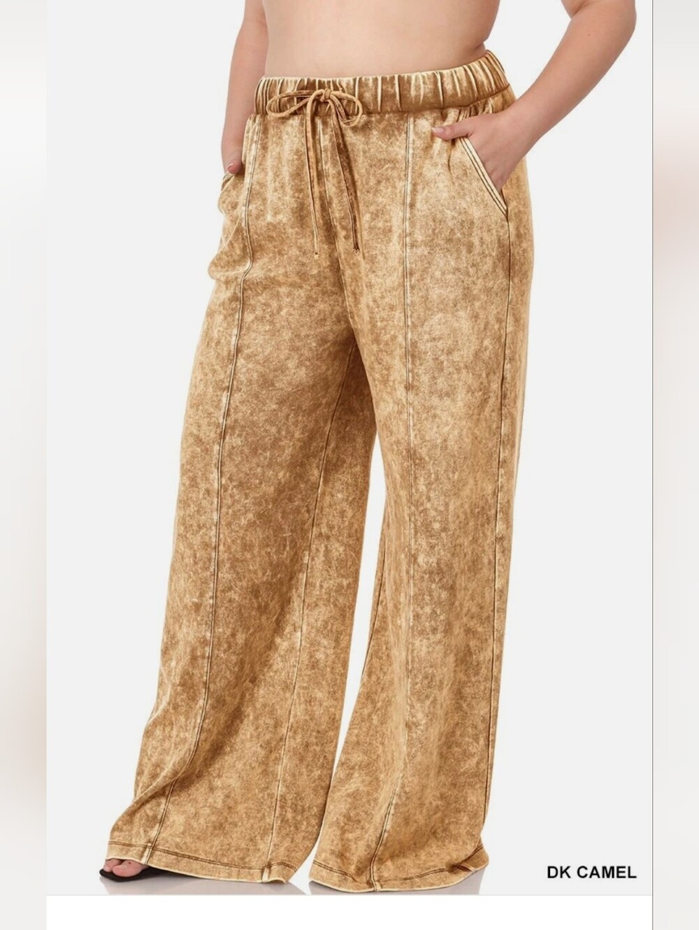 Zenana Wide Leg Drawstring Acid Wash Pants in Dark Camel 3x